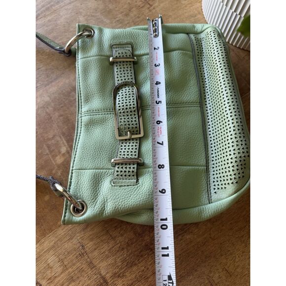 Tignanello Leather Crossbody Bucket Bag Mint Green Laser Cut Adjustable Strap - Picture 7 of 9